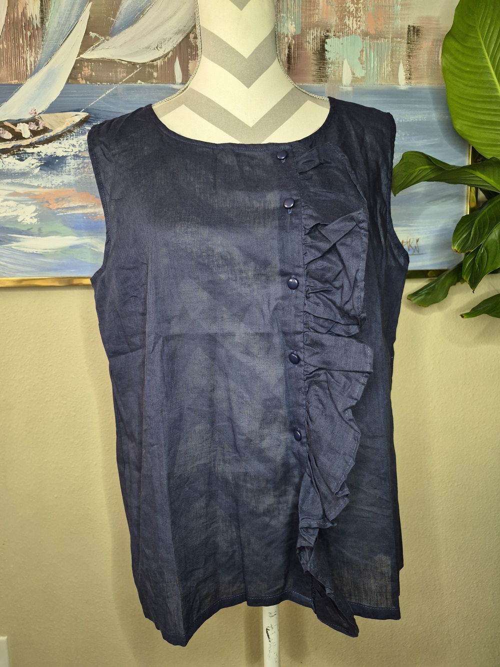 Kiup Womens Sleeveless Navy Ruffle Front Women’s Top